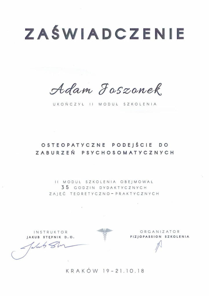 Certyfikat - Adam Joszonek - fizjoterapeuta/osteopata