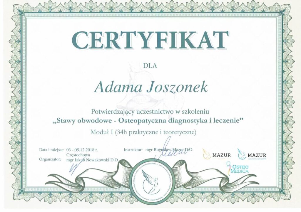 Certyfikat - Adam Joszonek - fizjoterapeuta/osteopata